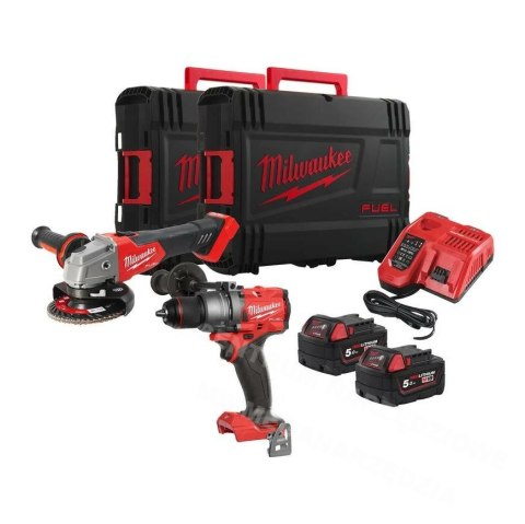 MILWAUKEE Cordless Tool Set of 2 - Angle Grinder, Powerpack Drill Powerpack M18FPP2E3-502XEU