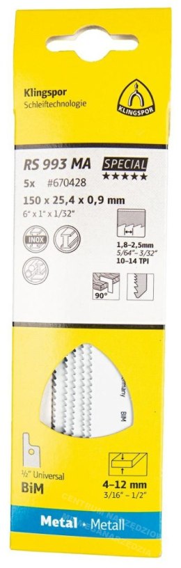 KLINGSPOR Brzeszczot do piły szablastej 150x25,4x0,9mm RS 993 MA /5szt.