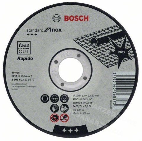 BOSCH TARCZA TNĄCA PROSTA STANDARD FOR INOX - RAPIDOWA 60 T BF, 125 MM, 22,23 MM, 1,0 MM BOSCH