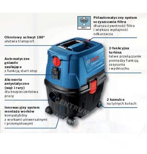 BOSCH Odkurzacz 1100W 15L GAS 15 PS automatyczne gniazo zasilające