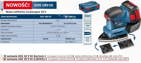 BOSCH SZLIFIERKA OSCYLACYJNA 18V 2x5,0Ah LI-ION L-BOXX 3-PODSTAWY GSS 18V-10 BOSCH