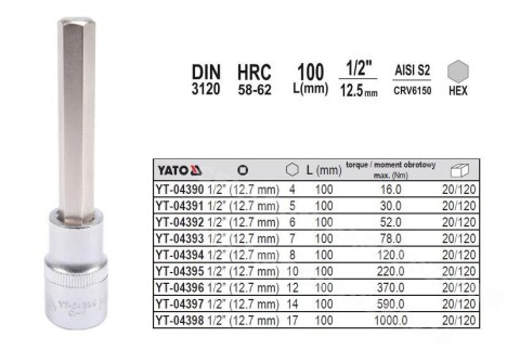 YATO KLUCZ TRZPIENIOWY IMBUSOWY/HEX 1/2" 14x100mm