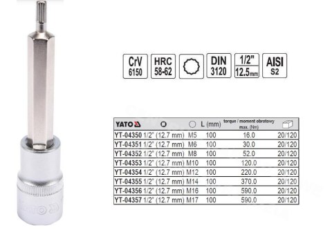 YATO KLUCZ TRZPIENIOWY SPLINE 1/2" M 8x100mm