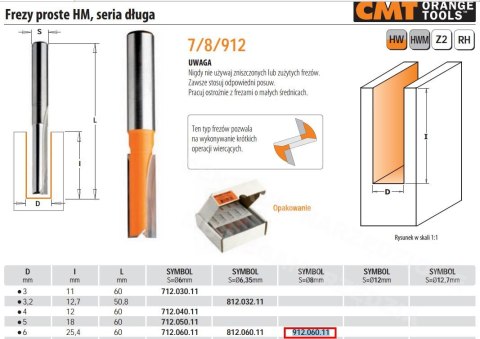 CMT FREZ PROSTY DŁUGI HM D= 6 I=25,4 L=60 S=8