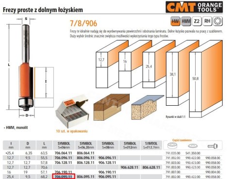 CMT FREZ PROSTY Z ŁOŻYSKIEM DOLNYM HM I=25,4 D=9,5 S=6