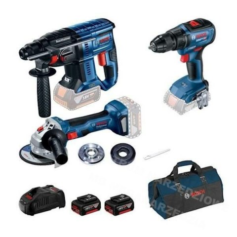 BOSCH Zestaw narzędzi akumulatorowych szlifierka, wkrętarka, młotowiertarka 18 V 2x5,0 Ah +Torba +LBOXX 238