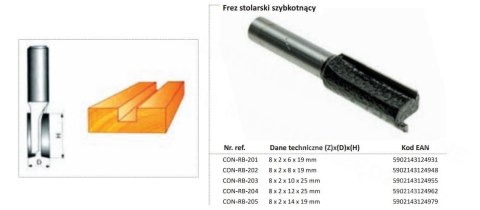 CONDOR Frez do drewna prosty Fi=14 x 19mm trzpień 8mm bez łożyska