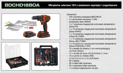 BLACK+DECKER Wkrętarka udarowa 18V 2x1,5Ah LI-ION + akcesoria + organizer